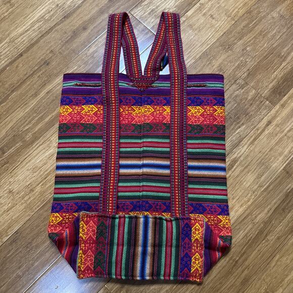 Peruvian Handwoven Tapestry Alpaca Wool Drawstring Large Colorful Backpack 16” - Picture 11 of 13